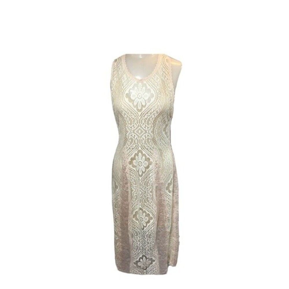Free People Lace Dress Pink Ivory Lined Women's Md Racerback Long Sleeveless